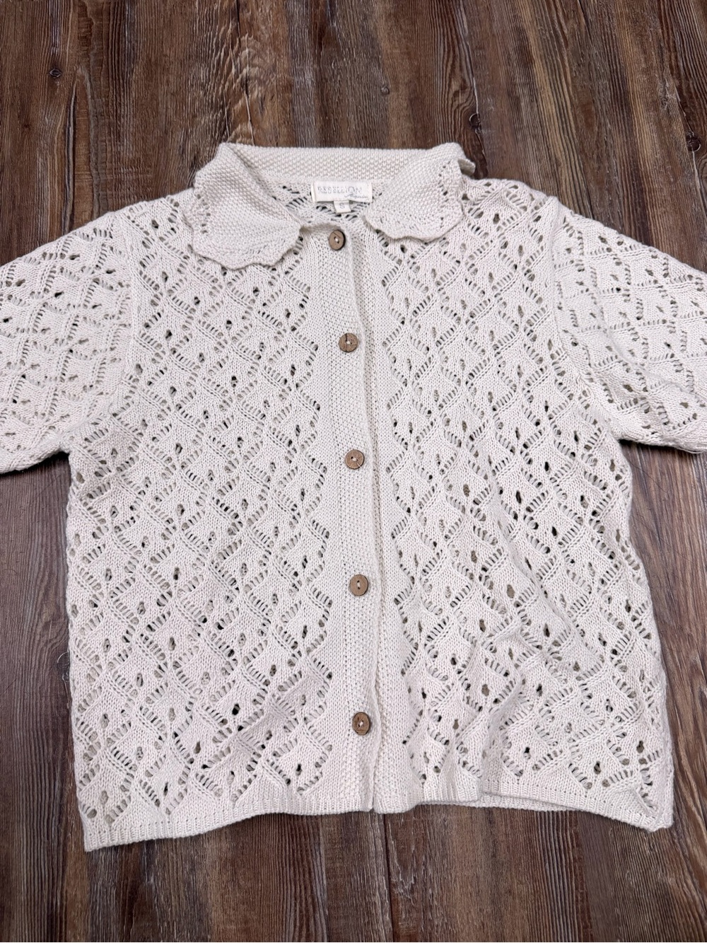 Rebellion preppy cream diamond knit cardigan with button-up front, size S
